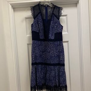Elie Tahari Navy and White Lace-Trim Midi Dress